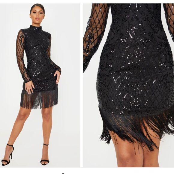 PrettyLittleThing Black Long Sleeve Sequin Tassel Hem Bodycon Dress Size 2 - Picture 3 of 8